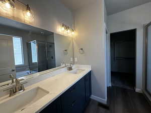 Bathroom with vanity, hardwood / wood-style floors, and independent shower and bath