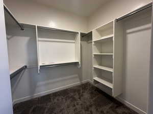 Spacious closet with dark carpet