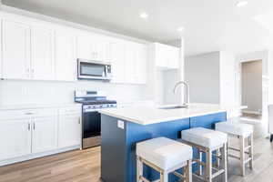 Kitchen with stainless steel appliances, light hardwood / wood-style flooring, a center island with sink, and white cabinets