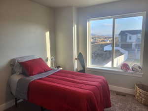 Carpeted bedroom featuring multiple windows