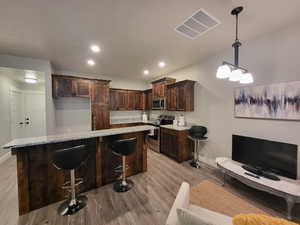 Kitchen featuring appliances with stainless steel finishes, light wood-type flooring, dark brown cabinetry, pendant lighting, and a breakfast bar area