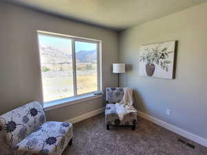 Sitting room featuring a mountain view and carpet