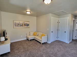 Living area with dark carpet and a textured ceiling