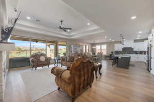 Living room featuring light hardwood / wood-style flooring, ceiling fan, a tray ceiling, and plenty of natural light