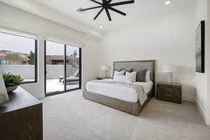 Bedroom with light carpet, access to outside, and ceiling fan