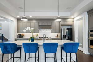 Kitchen with dark hardwood / wood-style floors, stainless steel appliances, a center island with sink, and decorative light fixtures