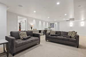 Living room with a barn door and light colored carpet