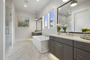 Bathroom featuring vanity and shower with separate bathtub