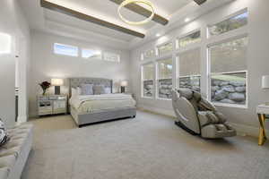 Carpeted bedroom with a high ceiling