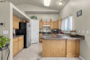 Kitchen with sink, vaulted ceiling, appliances with stainless steel finishes, and kitchen peninsula