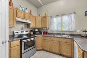 Kitchen with dishwasher, stainless steel range with electric cooktop, and sink