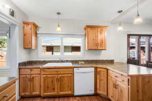 Kitchen with dishwasher, kitchen peninsula, sink, pendant lighting, and dark hardwood / wood-style flooring