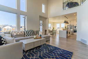 Living room with sink, a high ceiling, and light hardwood / wood-style flooring