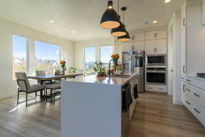 Kitchen with stainless steel appliances, sink, decorative light fixtures, hardwood / wood-style floors, and white cabinetry