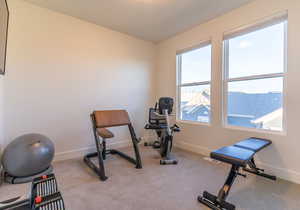 Workout area featuring light carpet