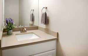 Powder room adjacent to mud room, with quartz and upgraded lighting.