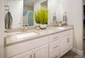 Owner's bath with dual vanities, white cabinetry and ash grey quartz counters. Large walk-in shower with euro-style glass.