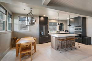 Kitchen with a healthy amount of sunlight, stainless steel appliances, a center island, and hanging light fixtures