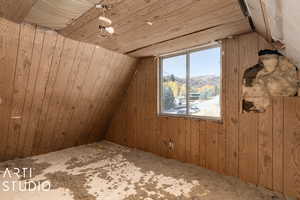 Bonus area with wooden walls, wooden ceiling,