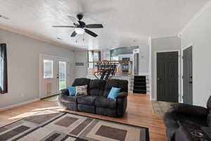 Living room featuring crown molding, a textured ceiling, and light wood-type flooring