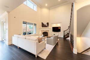 Living room featuring dark wood-type flooring and crown molding