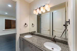 Bathroom featuring vanity and hardwood / wood-style floors