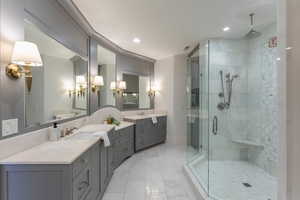 Bathroom with vanity and walk in shower