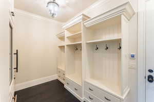 Mudroom with crown molding and dark hardwood / wood-style floors