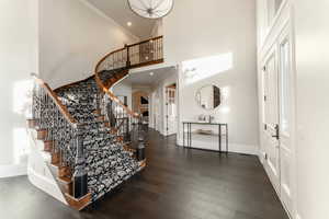 Entrance foyer featuring ornamental molding, dark wood-type flooring, and a towering ceiling