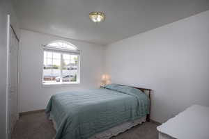 Carpeted bedroom with a closet