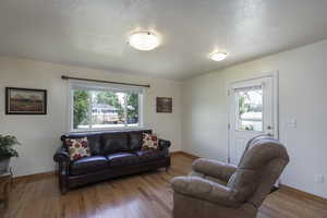 Living room featuring a textured ceiling and light wood-type flooring