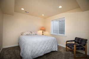 Bedroom with dark carpet