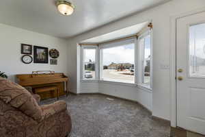 Living area with carpet flooring