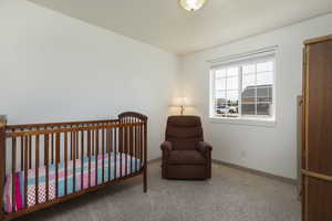 Bedroom featuring carpet floors and a crib