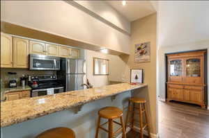 Kitchen with a breakfast bar area, stainless steel appliances, sink, light stone counters.