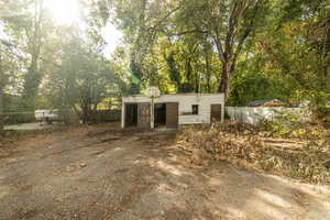 Exterior space with a storage shed