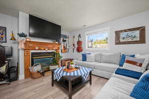 Living room with light hardwood / wood-style flooring and a textured ceiling