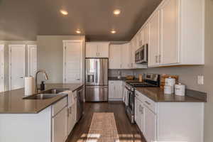 Kitchen with stainless steel appliances, white cabinetry, dark hardwood / wood-style floors, and sink