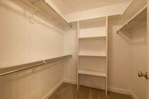 Walk in closet featuring dark colored carpet