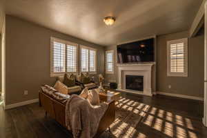 Living room with a textured ceiling and dark hardwood / wood-style floors