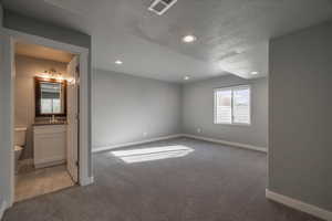 Unfurnished room with light carpet, a textured ceiling, and sink