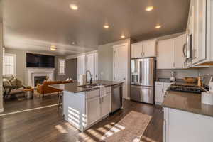 Kitchen with stainless steel appliances, dark wood-type flooring, sink, white cabinetry, and an island with sink