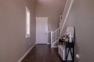 Entryway with dark wood-type flooring and a healthy amount of sunlight