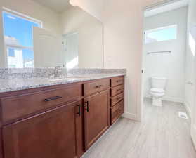 Bathroom with vanity, wood-type flooring, and toilet