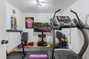 Workout area/ Flex Room featuring hardwood / wood-style floors and a textured ceiling