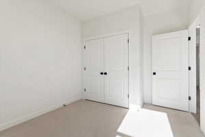 bedroom featuring a closet and light carpet