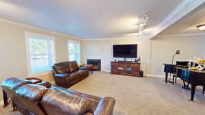 Living room featuring ornamental molding, track lighting, and light colored carpet