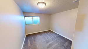 Empty room featuring a textured ceiling and carpet flooring