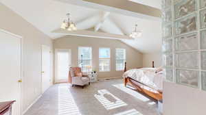 Bedroom with lofted ceiling with beams, light colored carpet, and an inviting chandelier