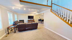 Carpeted living room featuring rail lighting, crown molding, and a fireplace